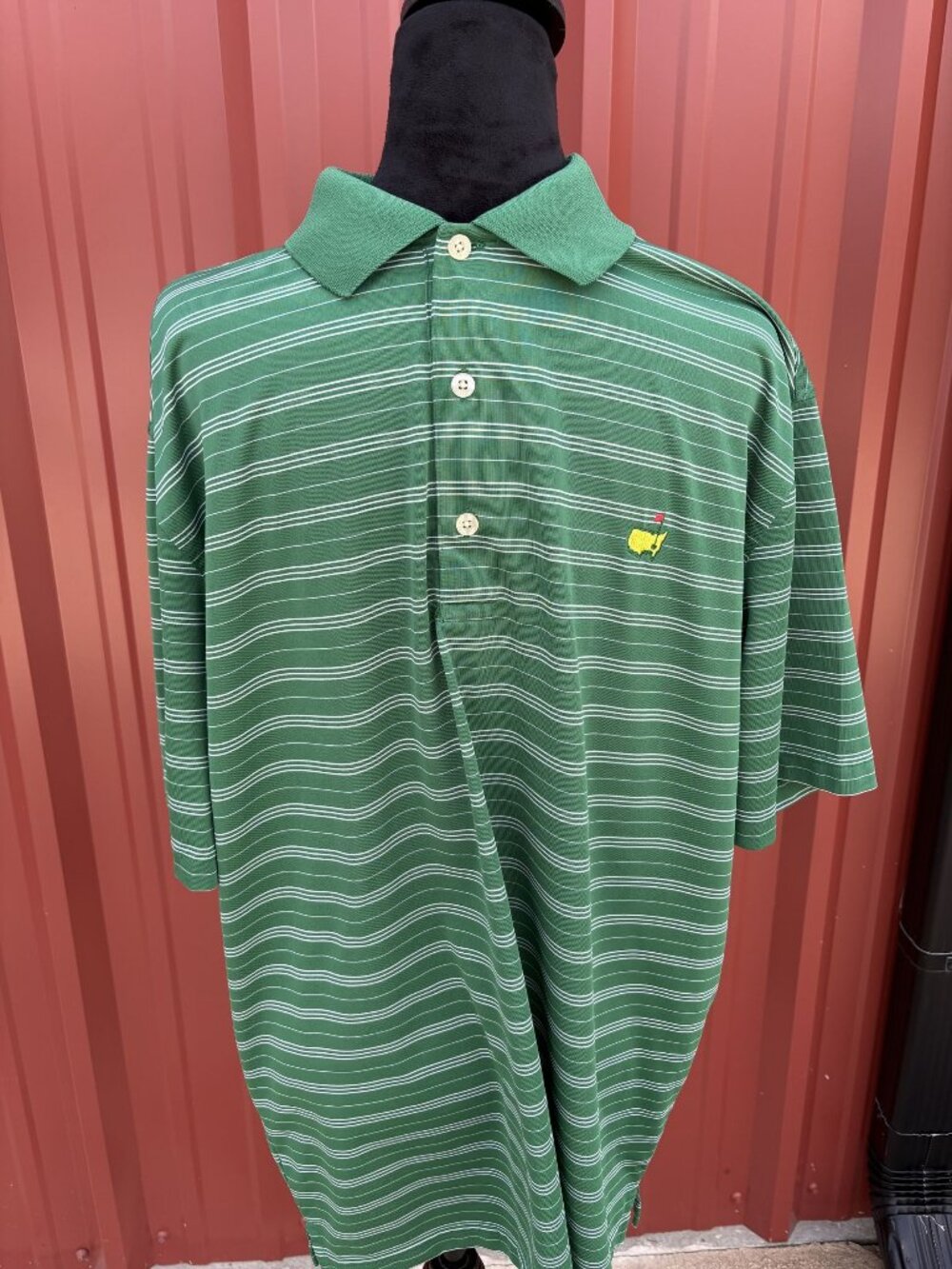 Masters Performance Green Striped Polo Shirt L Mens With Embroidered Logo